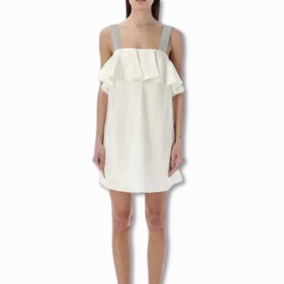 Rotate Satin Mini Dress Embellished Ruffle Sleeveless Zip Closure Ivory W 6 NWT - Picture 1 of 11